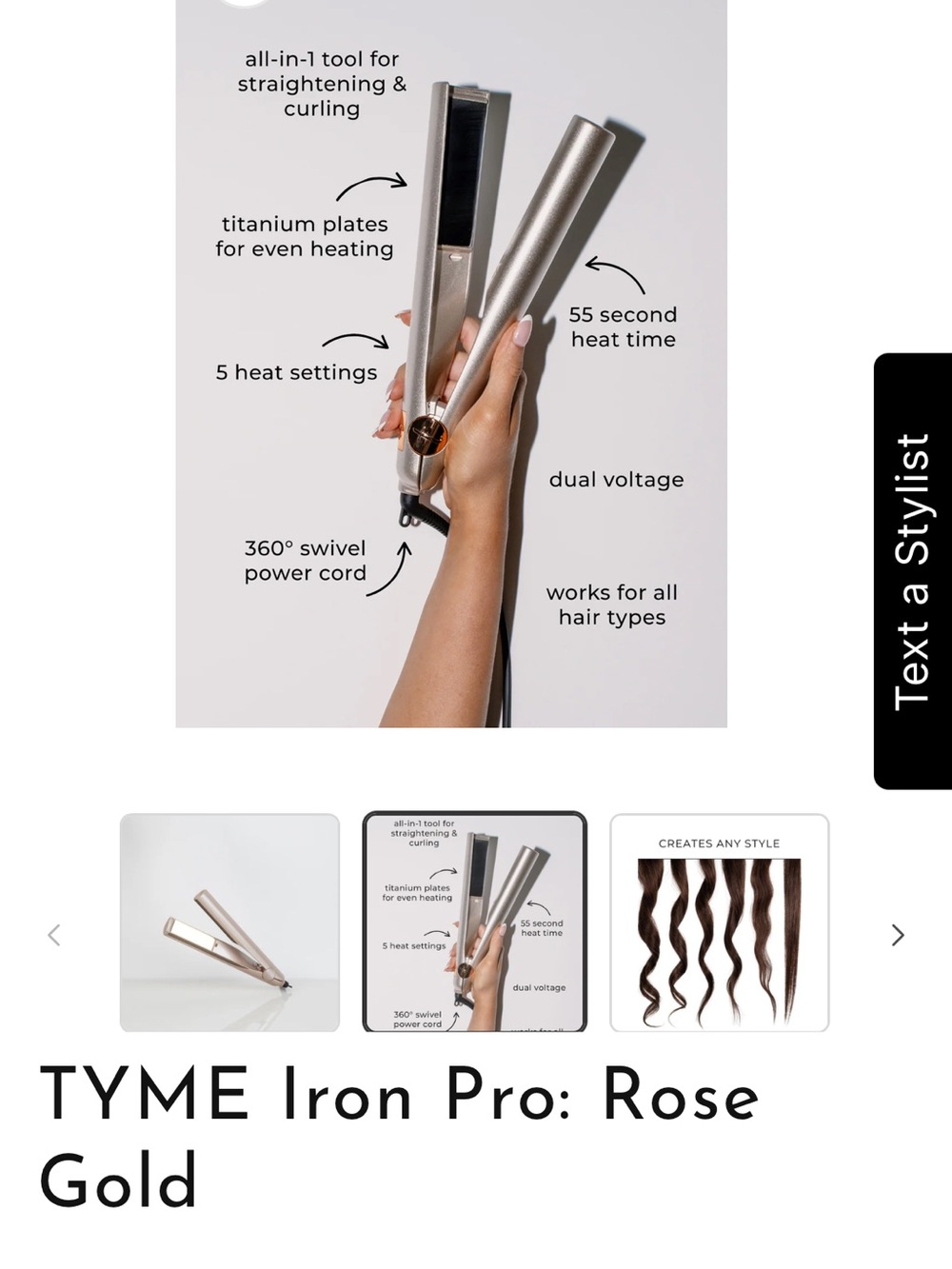TYME Iron Pro Rose Gold 2‑in‑1 Styling Iron
